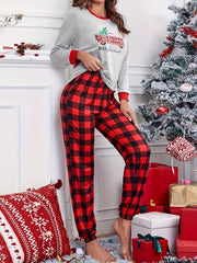 Plaid Print Christmas Pajama Set Long Sleeve Top & Pants Women's Sleepwear