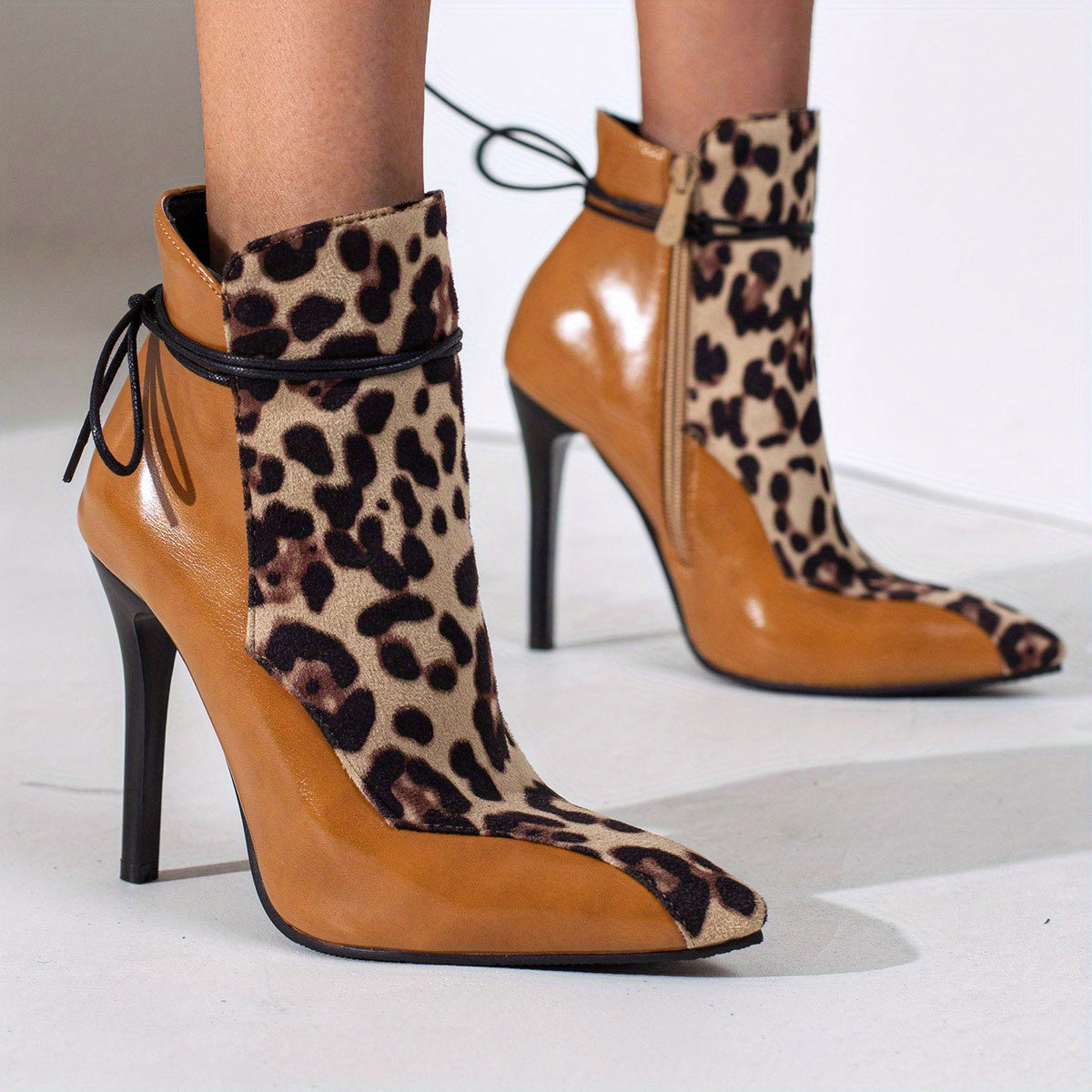 Leopard Print Stiletto Heeled Boots Lace Up Side Zipper Short Boots