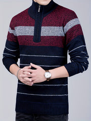 Elastic Striped Pattern Zip Neck Sweater for Men