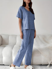 Plus Size Ribbed Short Sleeve V Neck Top & Pants Set