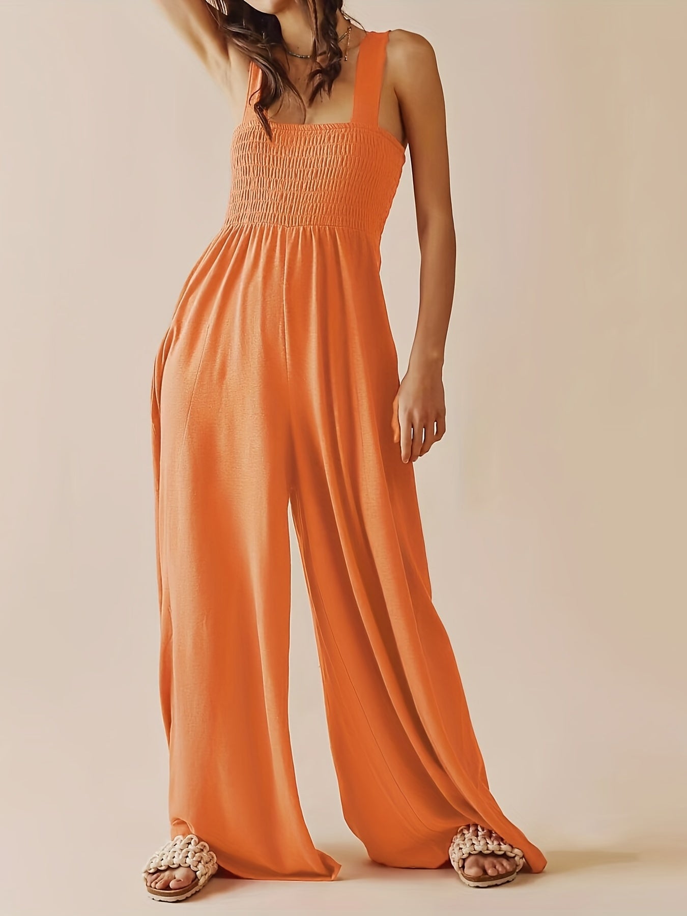 Sleeveless Shirred Cami Jumpsuit Wide Leg High Waist