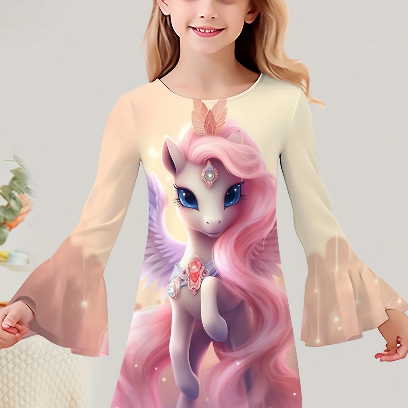 Sequin Print Unicorn Graphic Long Sleeve Dress Girls Dreamy Dresses