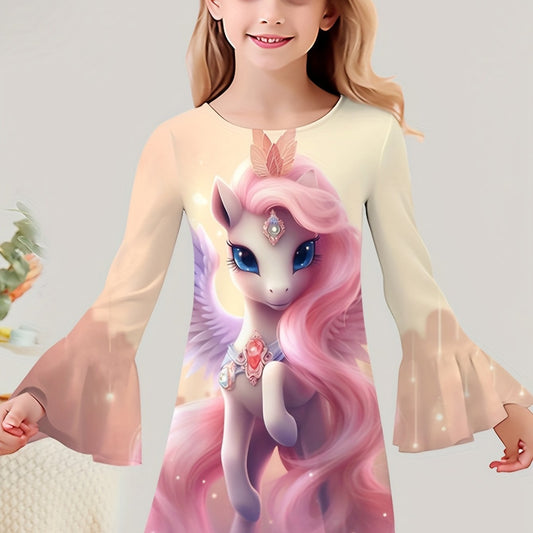 Sequin Print Unicorn Graphic Long Sleeve Dress Girls Dreamy Dresses