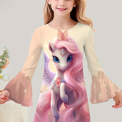 Sequin Print Unicorn Graphic Long Sleeve Dress Girls Dreamy Dresses