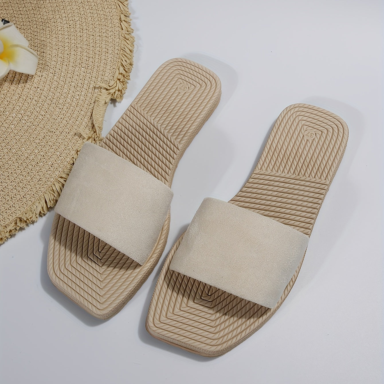 Women's Square Toe Slide Sandals Casual Slip On Flat Shoes