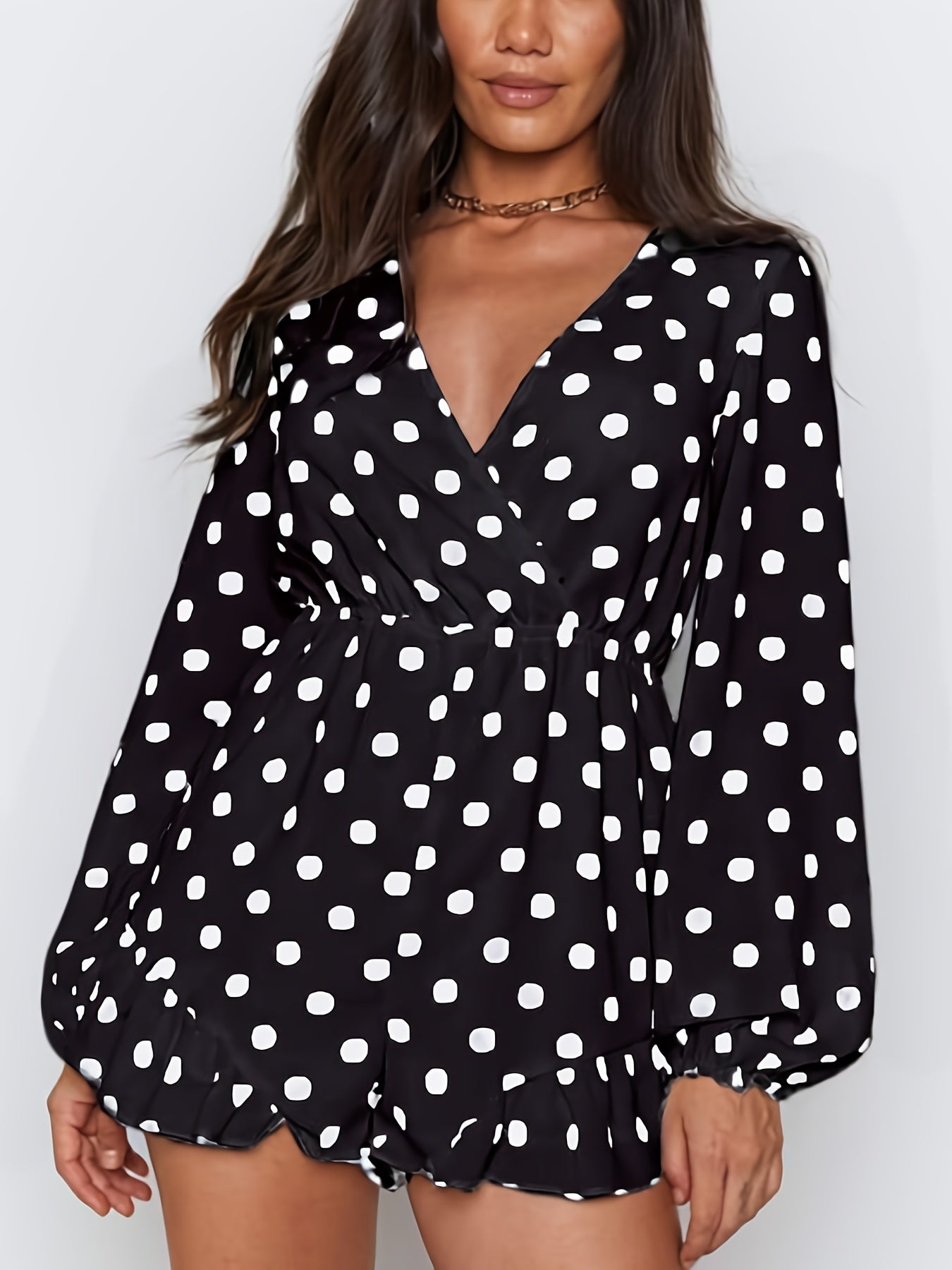 Polka Dot Surplice Neckline Jumpsuit Ruffle Trim Romper