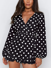 Polka Dot Surplice Neckline Jumpsuit Ruffle Trim Romper