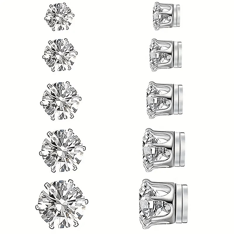 5pairs Round Cubic Magnetic Earrings Girls Silvery Casual Ear Jewelry