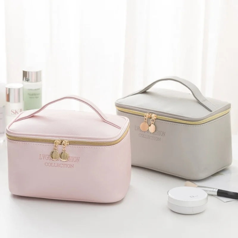 Large Women Cosmetic Bag PU Leather Waterproof Zipper Make Up Bag