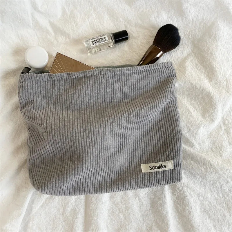 Soft Corduroy Makeup Bag Solid Cosmetic Travel Organizer