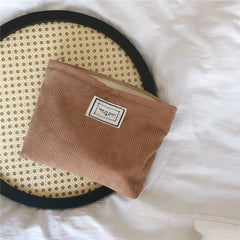 Soft Corduroy Makeup Bag Solid Cosmetic Travel Organizer