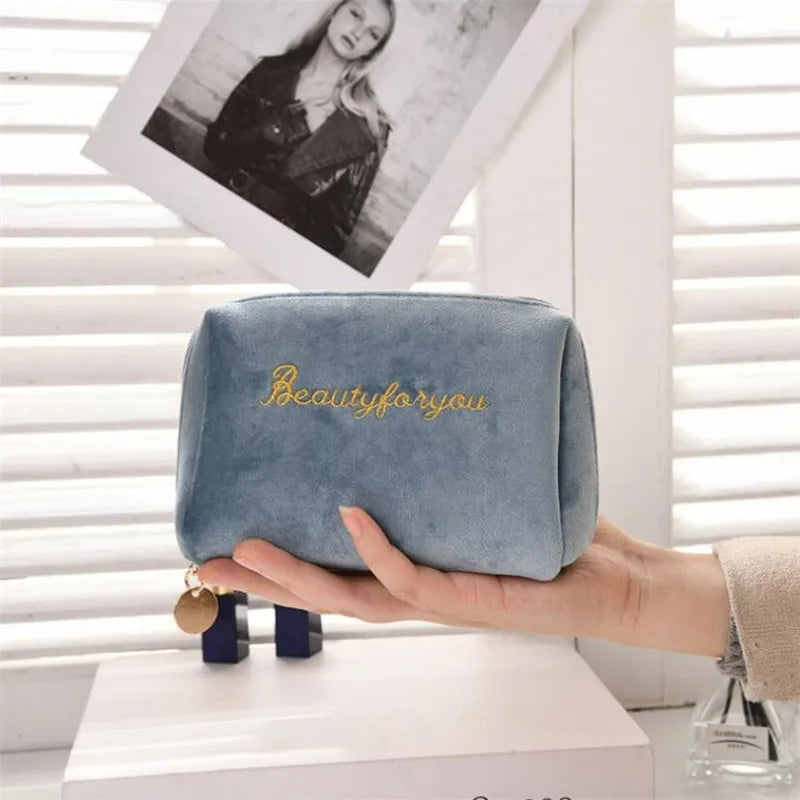 Women Velvet Make Up Bag Travel Cosmetic Pouch Zipper Large Solid Female