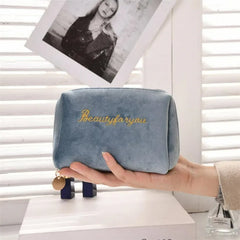 Women Velvet Make Up Bag Travel Cosmetic Pouch Zipper Large Solid Female