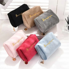 Women Velvet Make Up Bag Travel Cosmetic Pouch Zipper Large Solid Female
