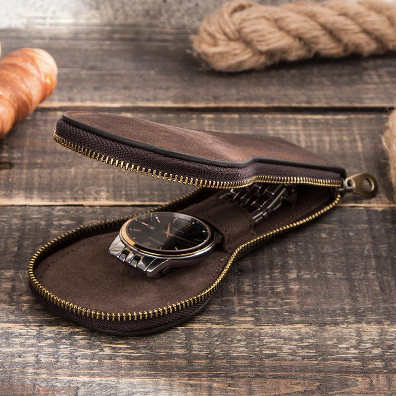 Leather Watch Storage Case Men High Zipper Vintage Jewelry Box