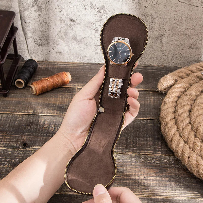 Leather Watch Storage Case Men High Zipper Vintage Jewelry Box