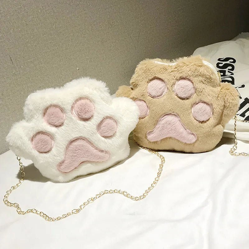 Women Student Shoulder Crossbody Bag Plush Cat Paw Anti-wear Mobile Phone