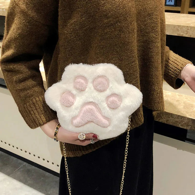 Women Student Shoulder Crossbody Bag Plush Cat Paw Anti-wear Mobile Phone