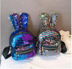Sequin Faux Fur Rabbit Ears Backpack Girls Glitter PU Leather Shoulder Bag