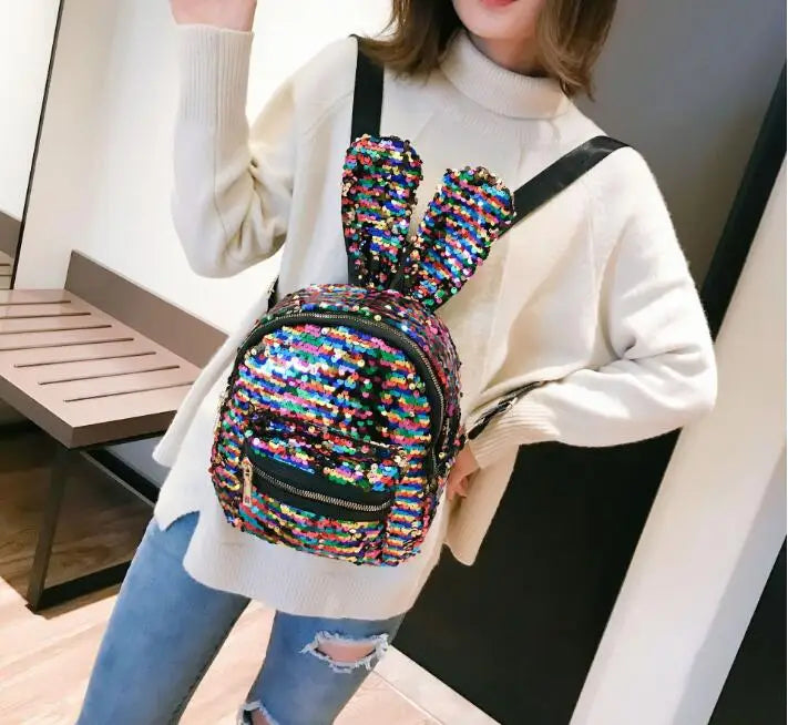 Sequin Faux Fur Rabbit Ears Backpack Girls Glitter PU Leather Shoulder Bag