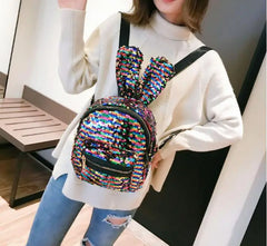 Sequin Faux Fur Rabbit Ears Backpack Girls Glitter PU Leather Shoulder Bag