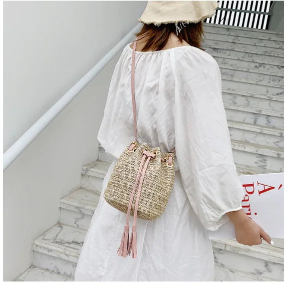 Straw Rattan Woven Beach Shoulder Bag Tassel Bucket Crossbody Bohemian