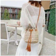 Straw Rattan Woven Beach Shoulder Bag Tassel Bucket Crossbody Bohemian