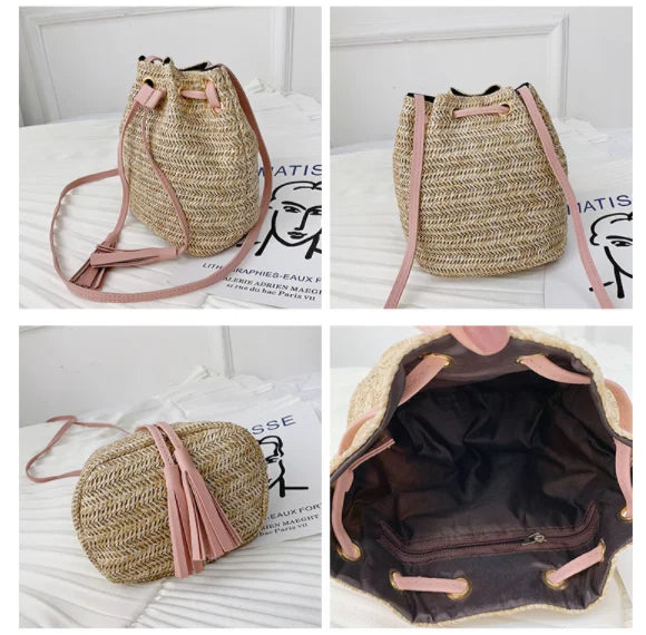 Straw Rattan Woven Beach Shoulder Bag Tassel Bucket Crossbody Bohemian