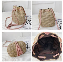 Straw Rattan Woven Beach Shoulder Bag Tassel Bucket Crossbody Bohemian