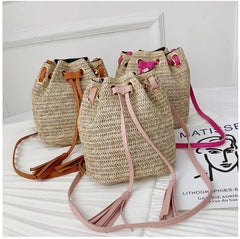Straw Rattan Woven Beach Shoulder Bag Tassel Bucket Crossbody Bohemian