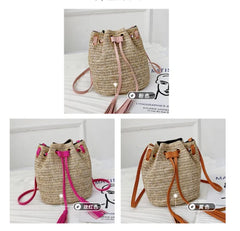 Straw Rattan Woven Beach Shoulder Bag Tassel Bucket Crossbody Bohemian