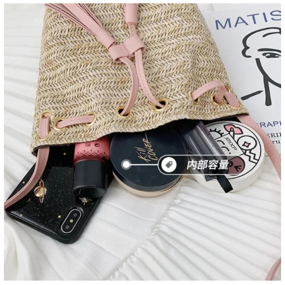 Straw Rattan Woven Beach Shoulder Bag Tassel Bucket Crossbody Bohemian