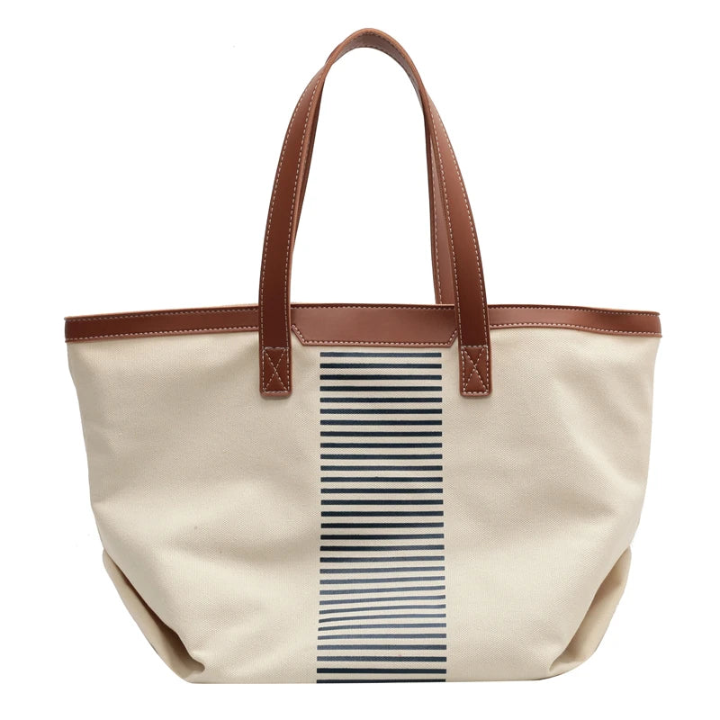 Winter Canvas Tote Bag for Women Large Capacity Shopping Bag with Strips
