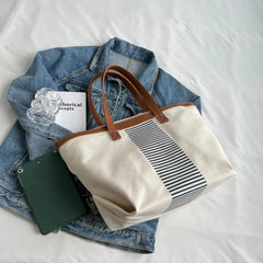 Winter Canvas Tote Bag for Women Large Capacity Shopping Bag with Strips