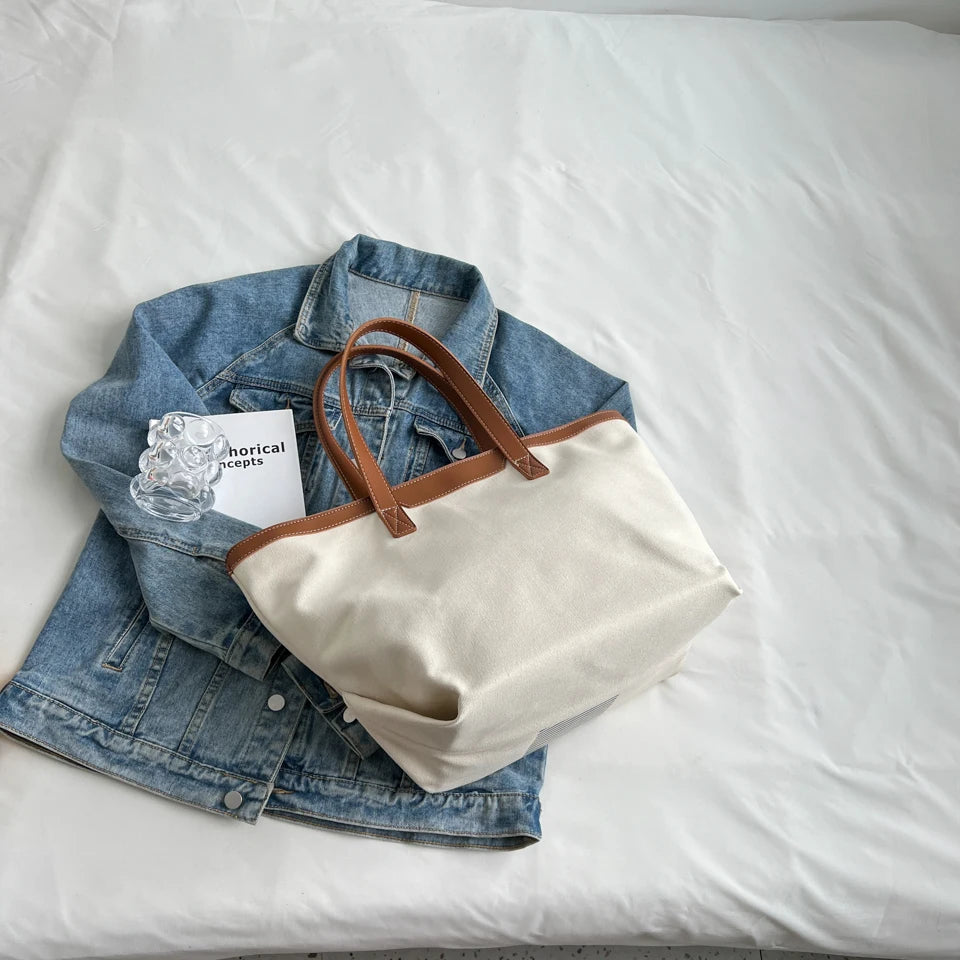 Winter Canvas Tote Bag for Women Large Capacity Shopping Bag with Strips