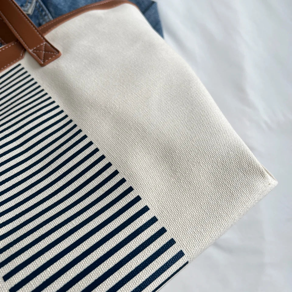 Winter Canvas Tote Bag for Women Large Capacity Shopping Bag with Strips