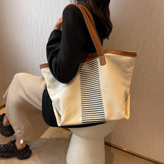 Winter Canvas Tote Bag for Women Large Capacity Shopping Bag with Strips