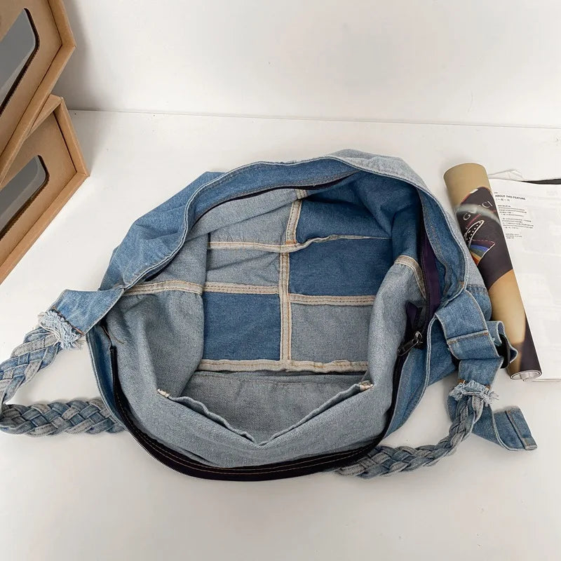 High Street Denim Braid Belt Messenger Bag for Teens