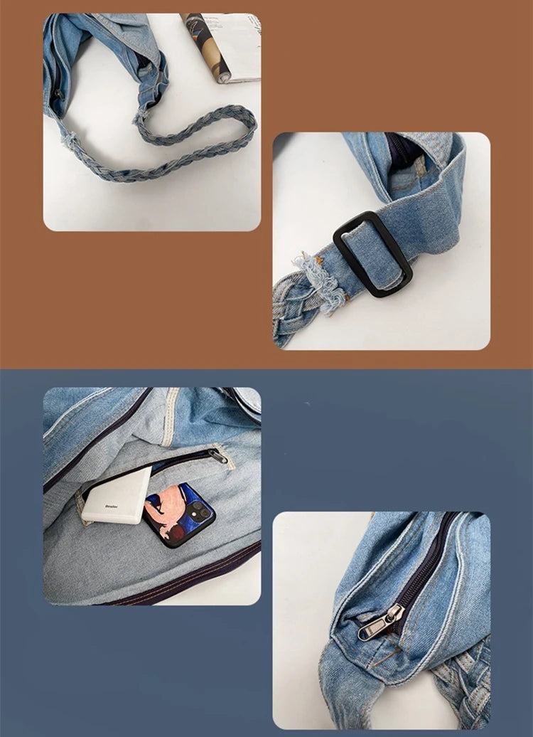 High Street Denim Braid Belt Messenger Bag for Teens