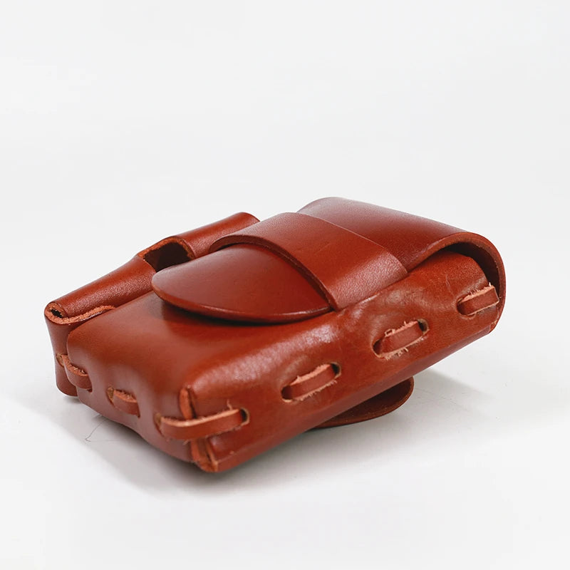 High Cowhide Leather Cigarette Case Men Vintage Small Belt Waist Bag