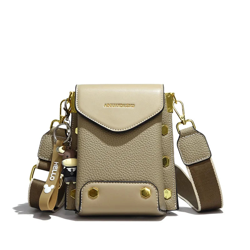 100% Leather Shoulder Bag Small Cell Phone Bags Rivet Ladies Messenger