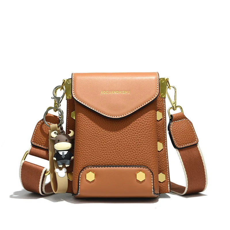 100% Leather Shoulder Bag Small Cell Phone Bags Rivet Ladies Messenger