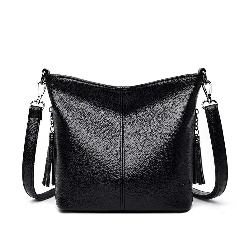 Women's Leather Tassel Shoulder Bag Bucket Bag