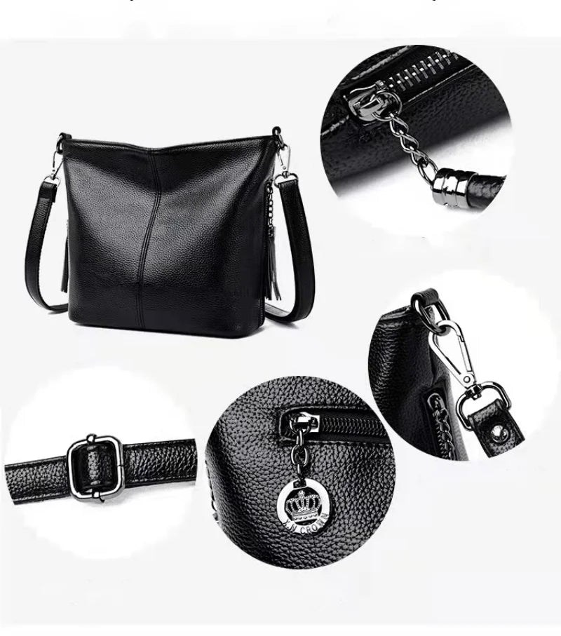 Women's Leather Tassel Shoulder Bag Bucket Bag