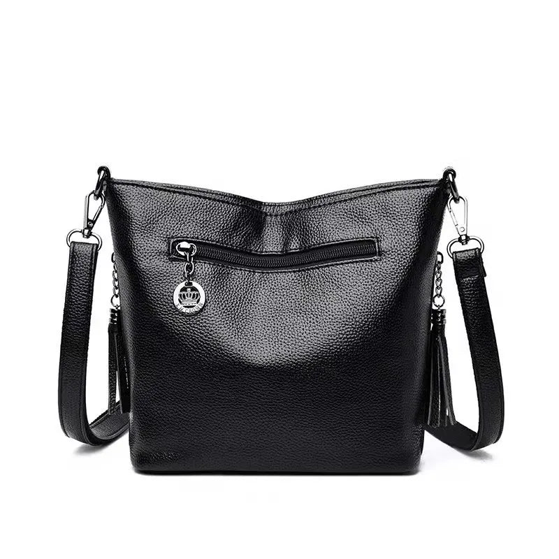 Women's Leather Tassel Shoulder Bag Bucket Bag