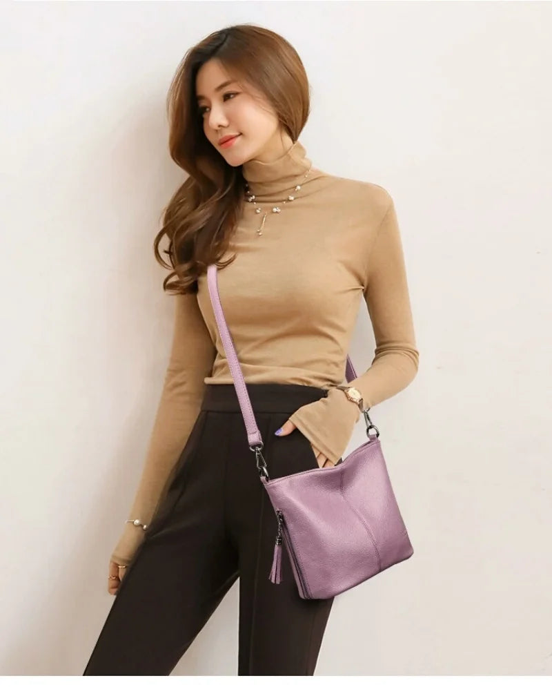 Women's Leather Tassel Shoulder Bag Bucket Bag