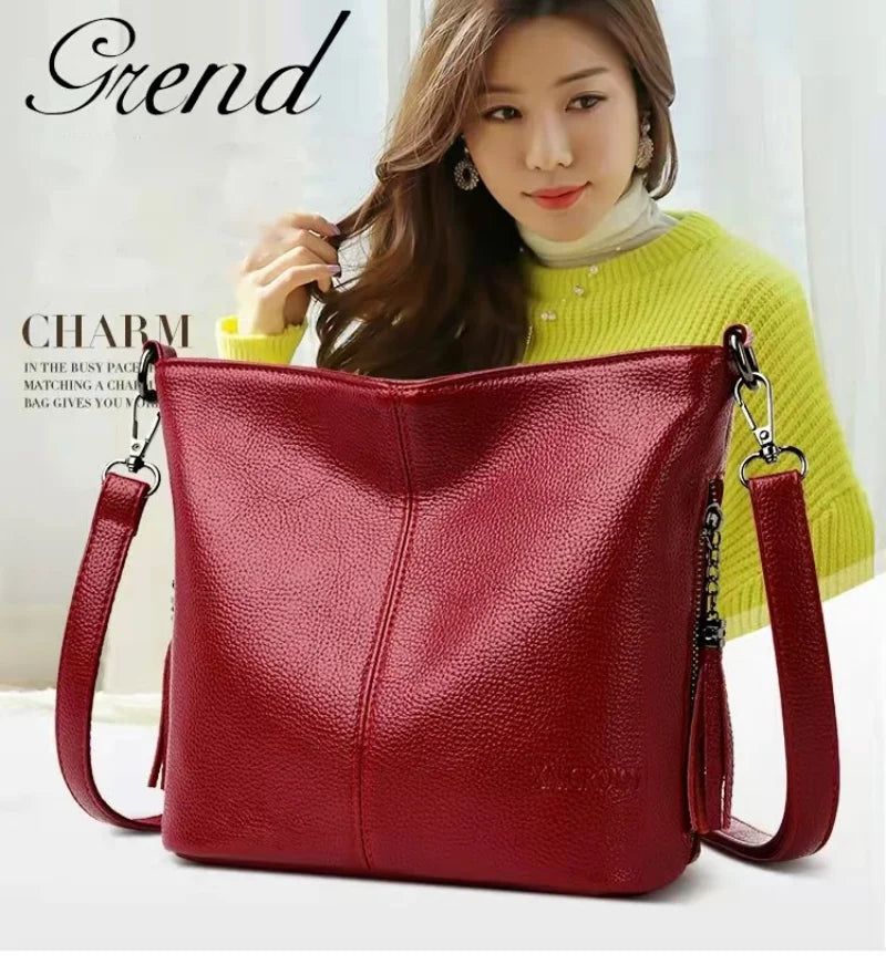 Women's Leather Tassel Shoulder Bag Bucket Bag