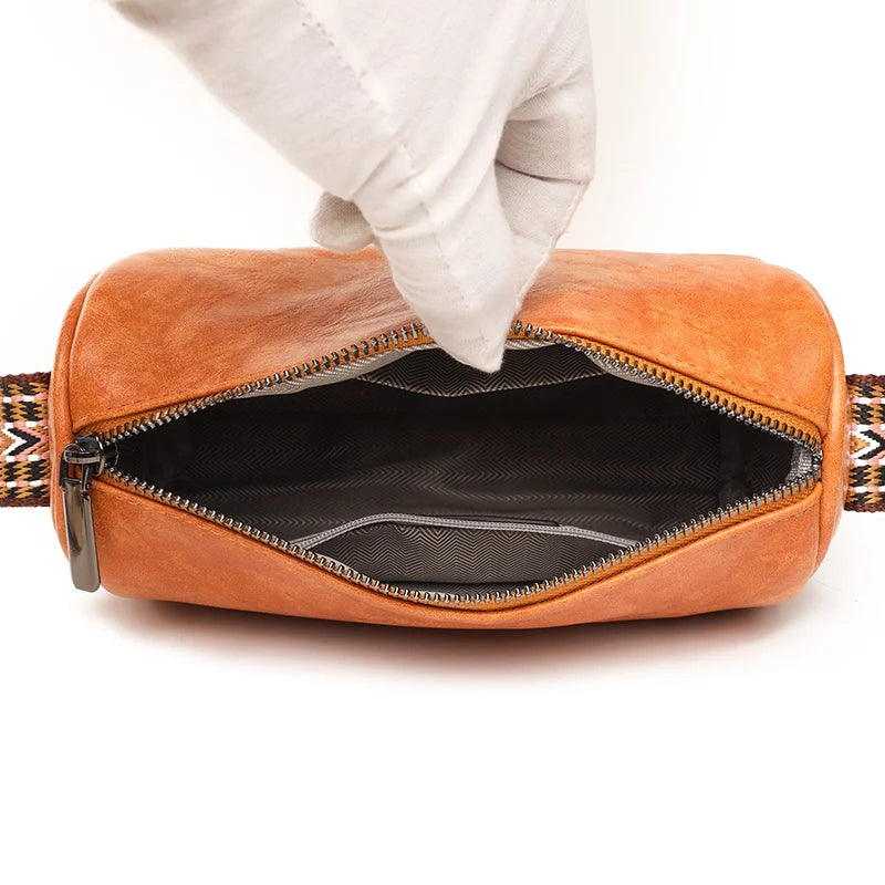 Cowhide Boston Bag Women's Shoulder Handbag Wide Strap Messenger