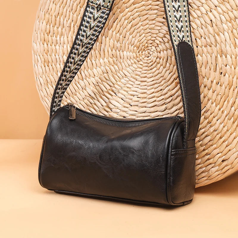 Cowhide Boston Bag Women's Shoulder Handbag Wide Strap Messenger