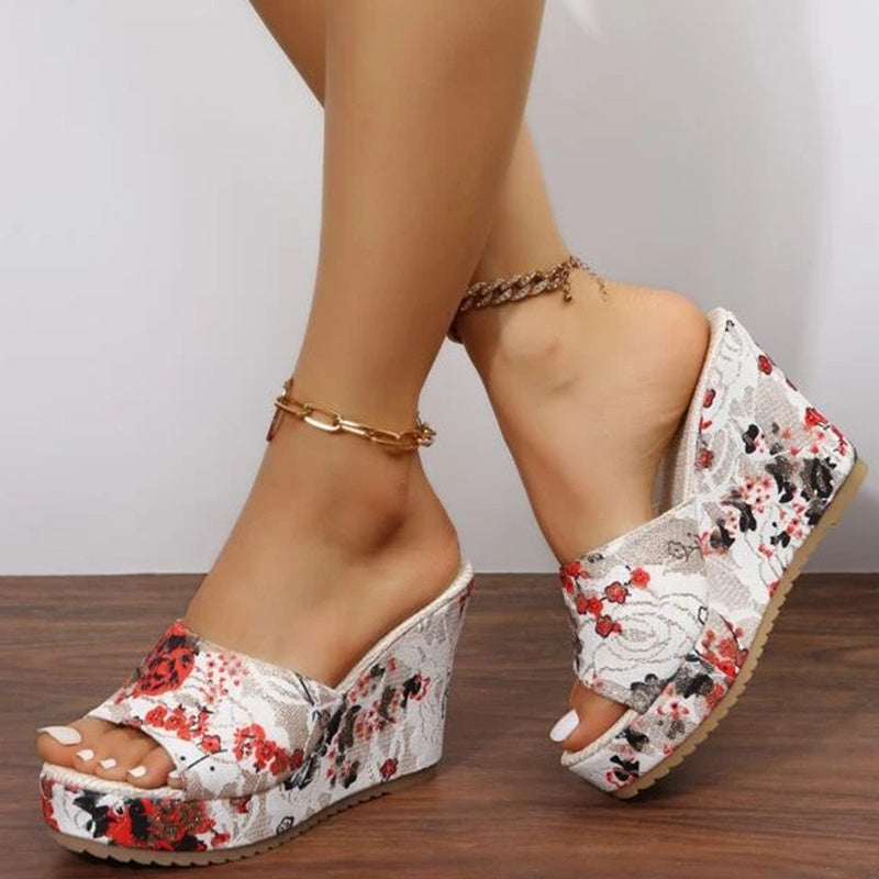 Floral Print Wedge Slippers Open Toe Sandals